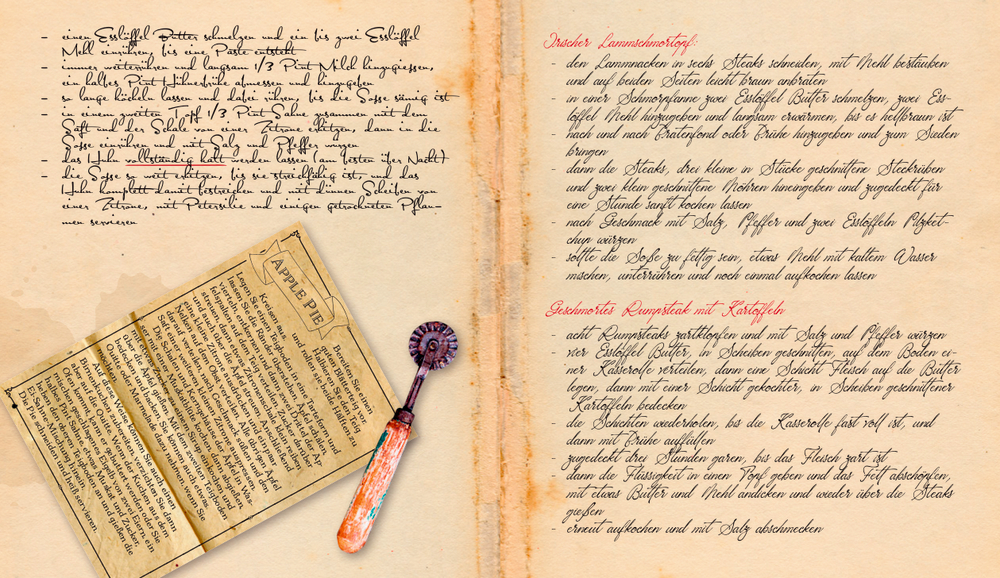 Innenansicht mit alten deutschen Rezepte, hand- und maschinengeschrieben, auf gealtertem Papier mit Gebäckroller.