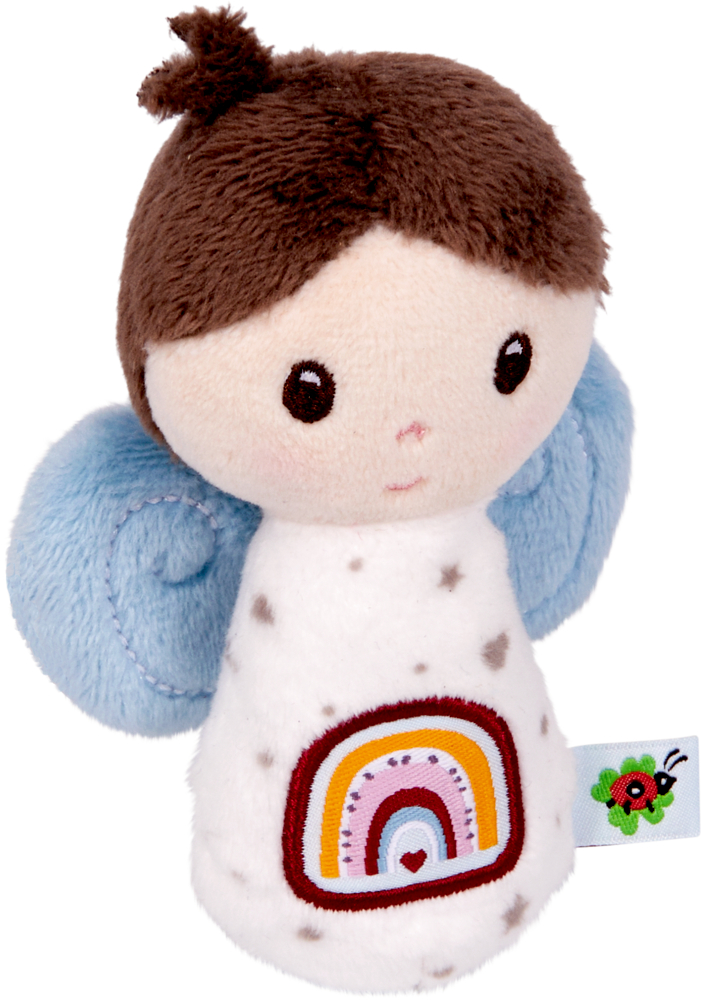 Minirassel Schutzengel - BabyGlück Plüschengelpuppe mit blauen Flügeln, braunem Haar, Regenbogenfleck auf weißem Kleid mit grauen Sternen.