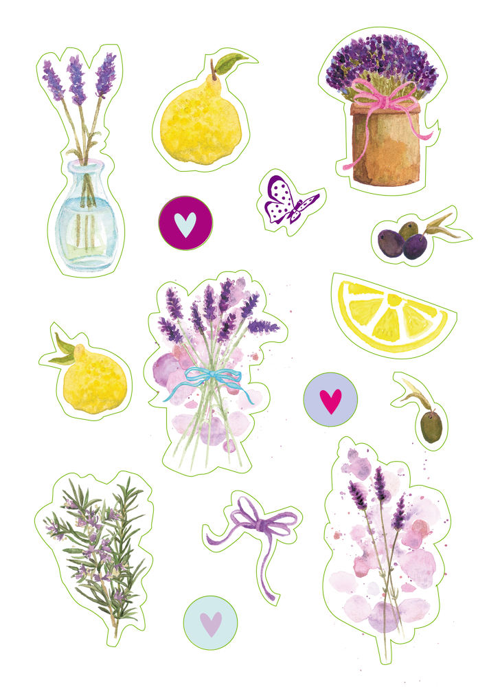 Lavendel, Zitronen, Oliven, Herzen, ein Schmetterling und Schleifen in Aquarelloptik.