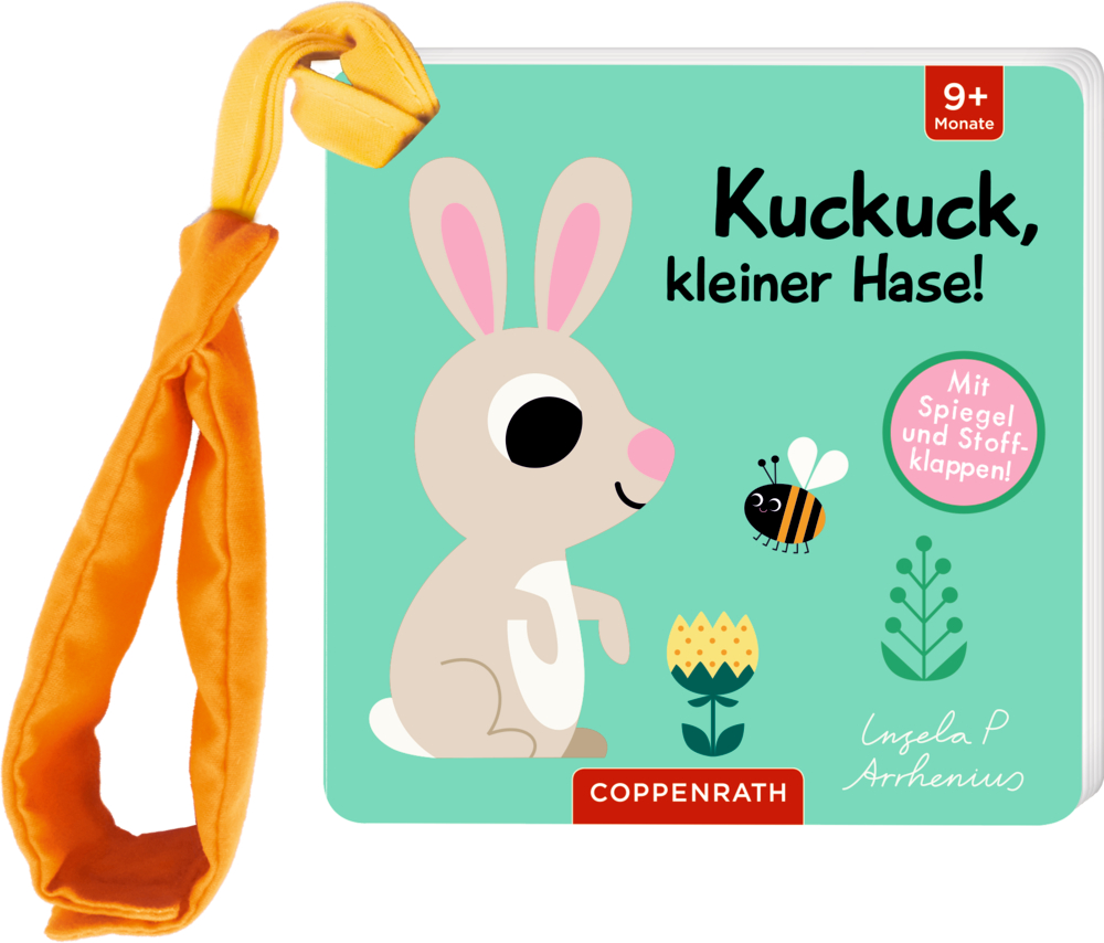 Mein Filz-Fühlbuch für den Buggy: Kuckuck, kleiner Hase! Pappbucheinband mit Cartoon-Hasen, Biene, Blumen, orangefarbener Stoffschlaufe und dem Titel "Kuckuck, kleiner Hase!".