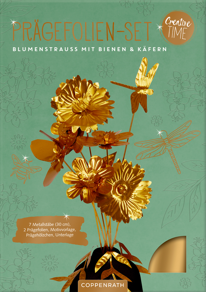 Goldene, geprägte Folienblumen mit Bienen und Insekten auf türkisfarbenem Hintergrund; Bastelset-Verpackung.