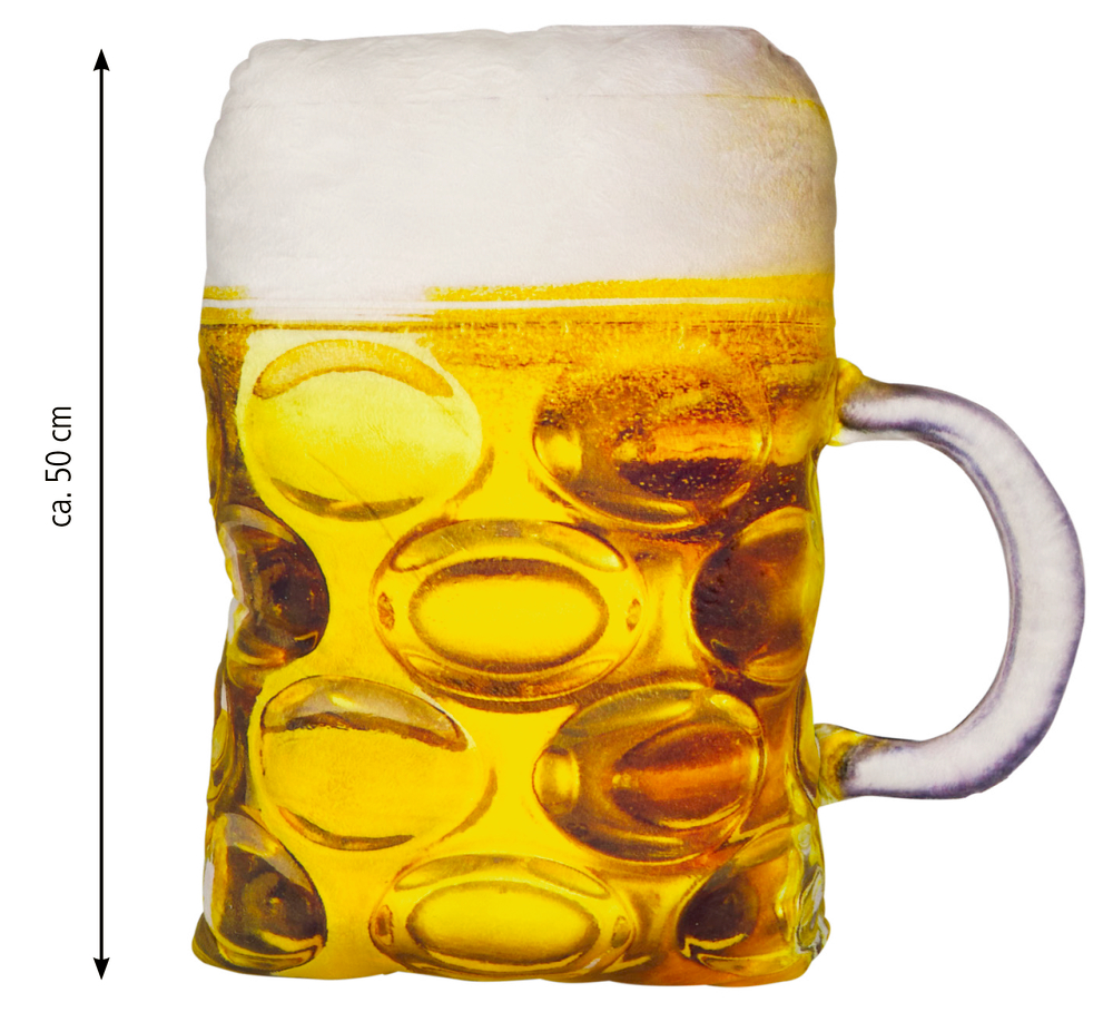 Schaumgekrönter Bierkrug mit Henkel, etwa 50 cm hoch.