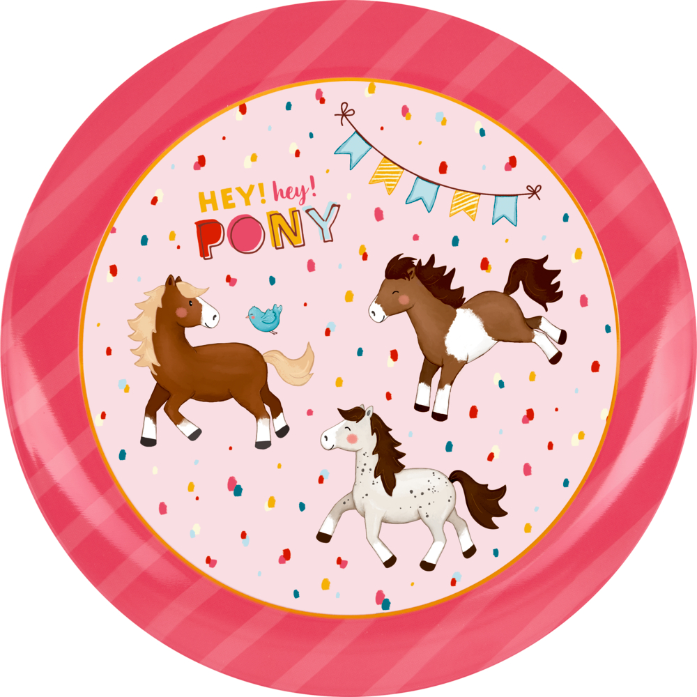 Bunter Teller mit drei Cartoon-Ponys, einem blauen Vogel, Konfettipunkten und dem Text „Hey! Hey! PONY.“.