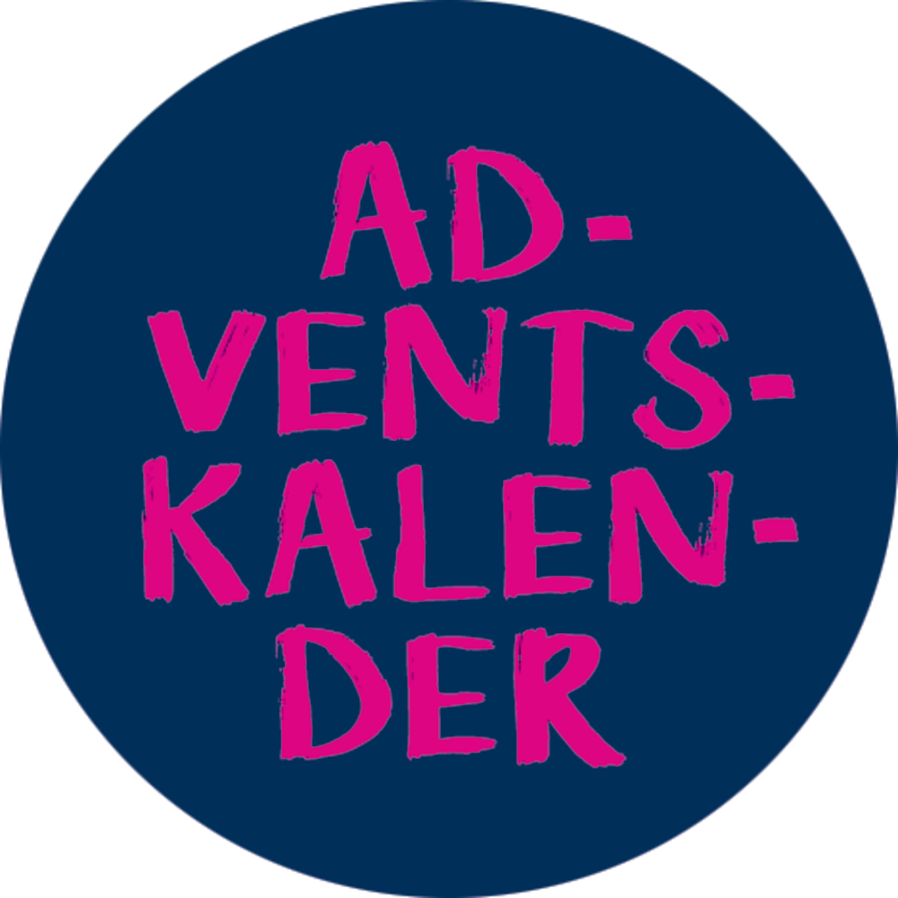 Dunkelblauer Kreis mit „ADVENTSKALENDER“ in fetten, pinkfarbenen handgezeichneten Buchstaben.