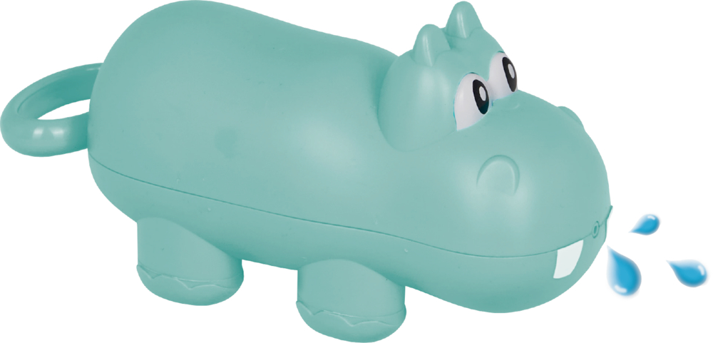 Türkises Nilpferd-Badespielzeug versprüht Wassertröpfchen aus dem Maul.