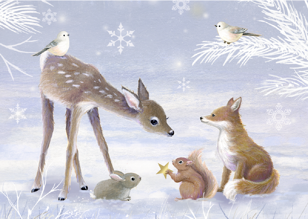 Ein Reh, Hase, Eichhörnchen und Fuchs sitzen mit Vögeln im winterlichen verschneiten Wald.