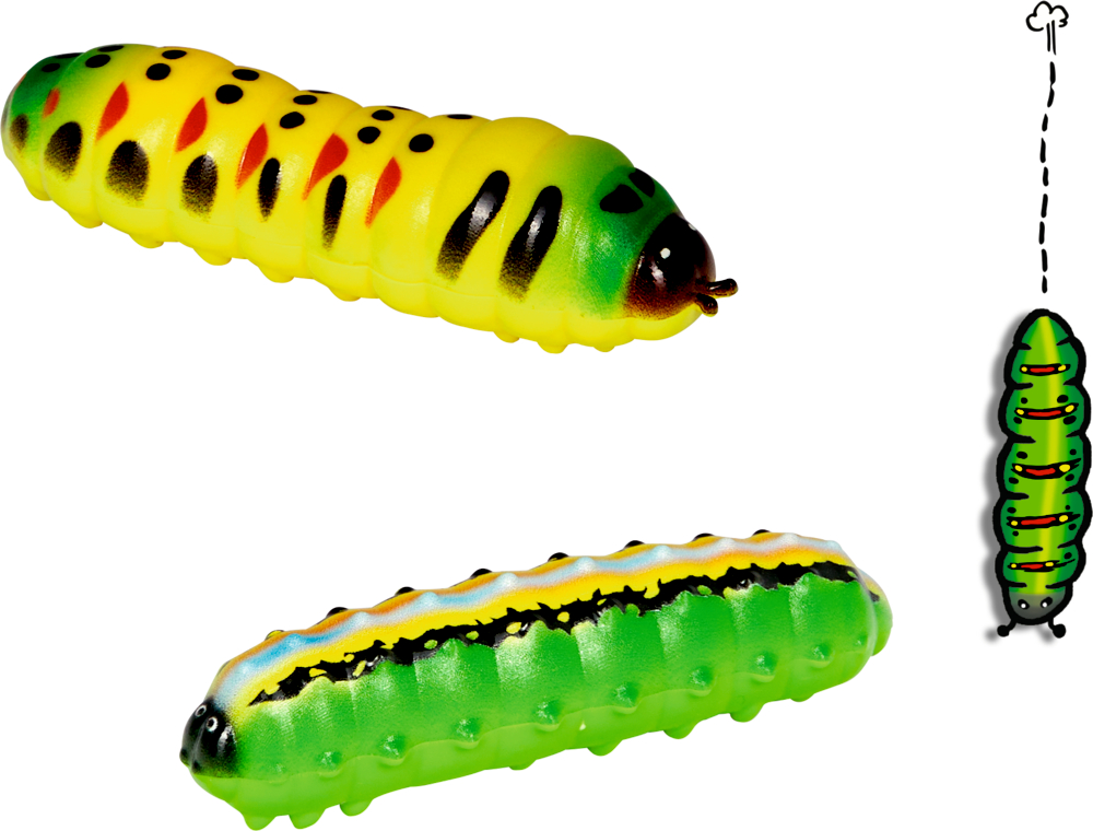 Zwei bunte Spielzeugraupen in Grün und Gelb.