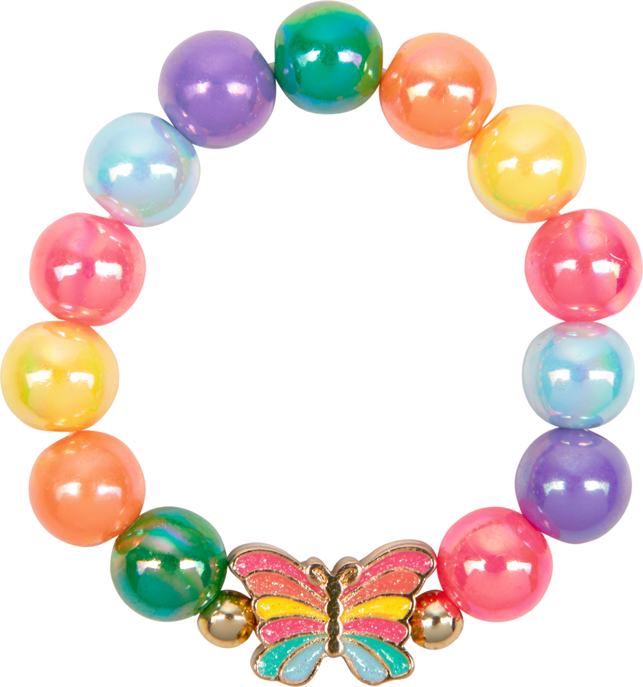 Perlenarmband mit einem glänzenden Schmetterlingsanhänger und großen, bunten Regenbogenperlen.