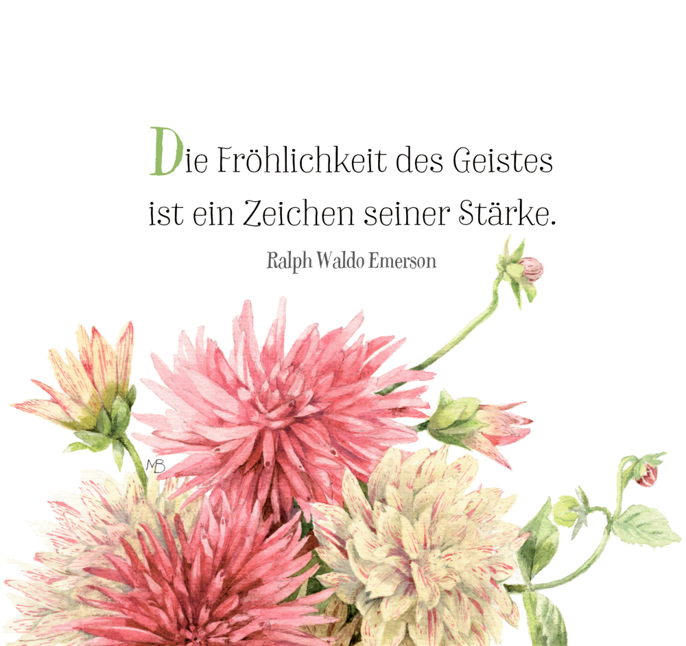 Rosa Dahlien mit grünen Blättern und einem Zitat von Ralph Waldo Emerson auf weißem Hintergrund.