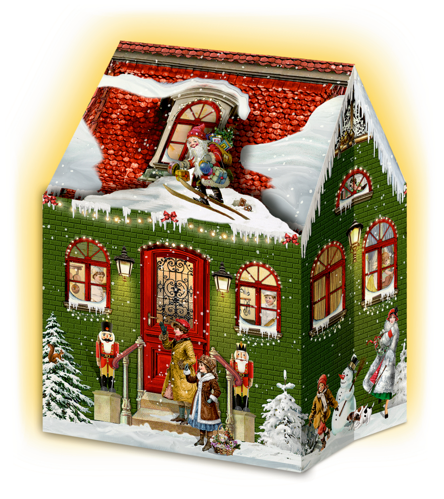 Festlich geschmücktes Haus mit Schnee, Nussknackern, Weihnachtsmann und Kindern in einer Winternacht.