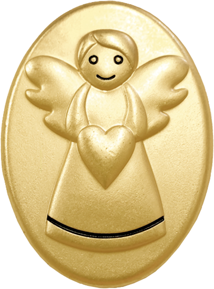 Schutzengelmünze Trostengel Goldene ovale Schutzengelmünze mit einem geprägtem, lächelnden Engel, der ein Herz hält.