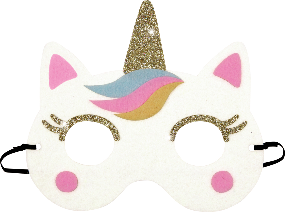 Eine Einhornmaske mit goldfarbenem Horn, rosa Ohren, bunter Mähne und Ausschnitten für die Augen.