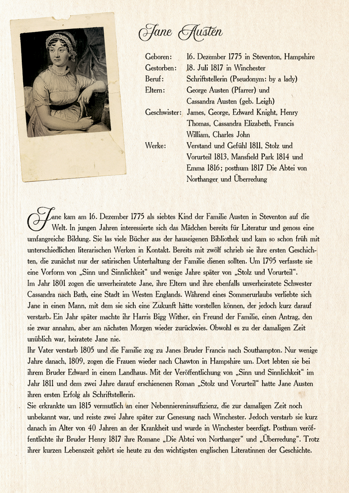 Biografieseite von Jane Austen im Vintage-Stil mit ihrem Porträt und kunstvollem Text auf beigem Hintergrund.