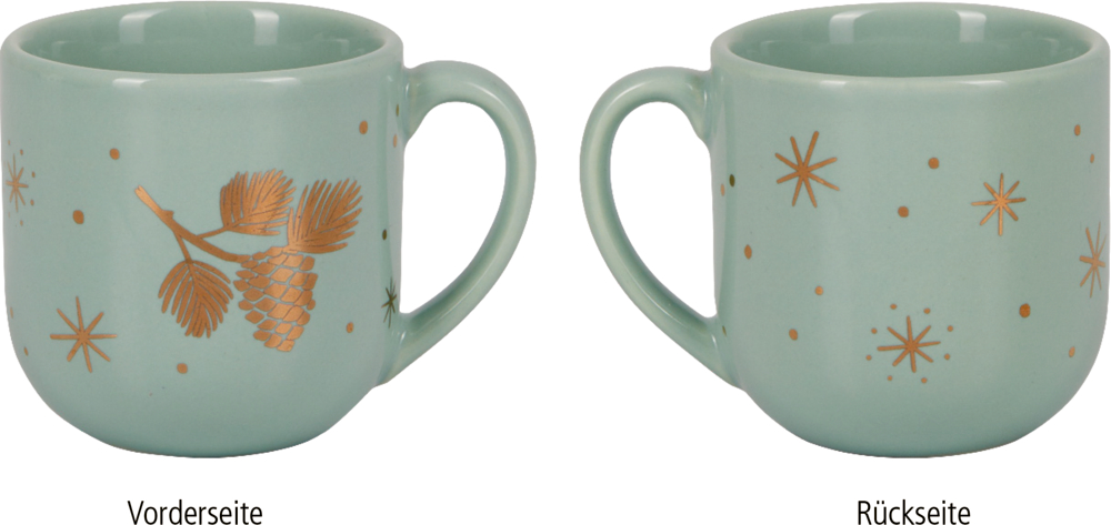 Vorderseite einer salbeifarbenen Tasse mit goldenem Zapfenmotiv, Rückseite mit Sternen und Punkten. 