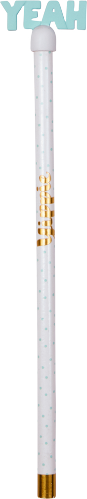Gepunkteter weißer Bleistift mit goldenem Detail und einem YEAH-Aufsatz in hellblauen Buchstaben.