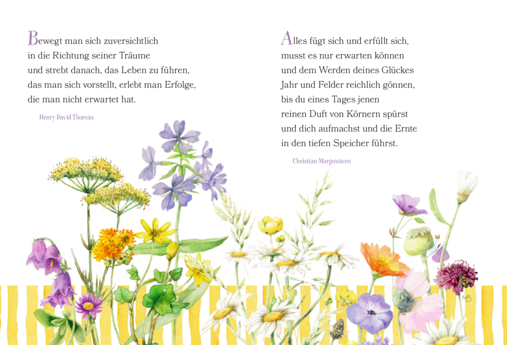 Bunte Wildblumen sind unter zwei Gedichten auf Weiß mit gelb gestreiftem Rand auf einer Seite illustriert.