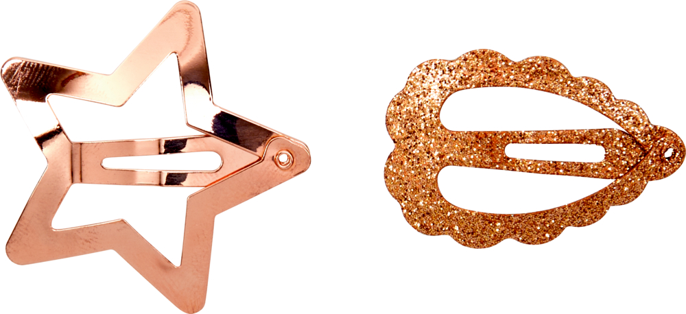 Zwei goldene Haarspangen – ein Stern und ein glitzerndes Herz – auf weißem Hintergrund.