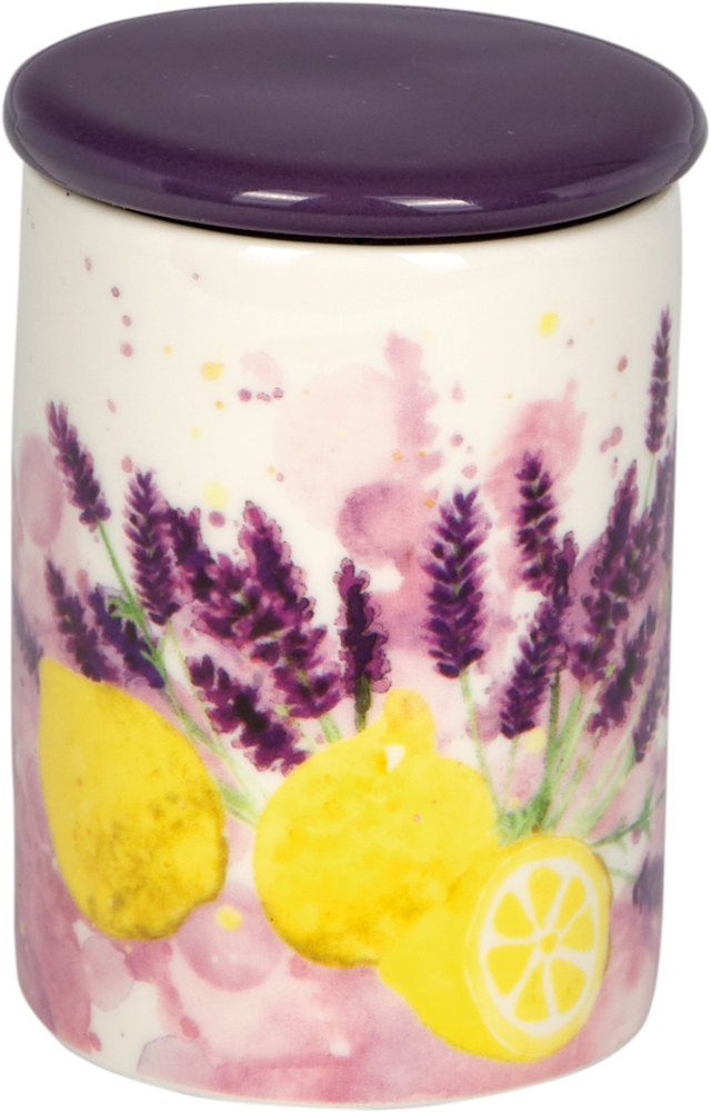 Keramikdose mit violettem Deckel. Mit Zitronen und Lavendelblüten verziert.