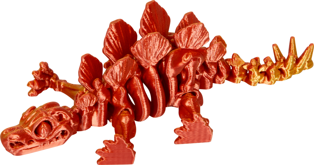 gelb/orange, Kristalltier Stegosaurus Skelett - T-Rex World Rot-orangefarbener Spielzeug-Stegosaurus mit beweglichen Beinen und Schwanz, schräg vor weißem Hintergrund dargestellt.
