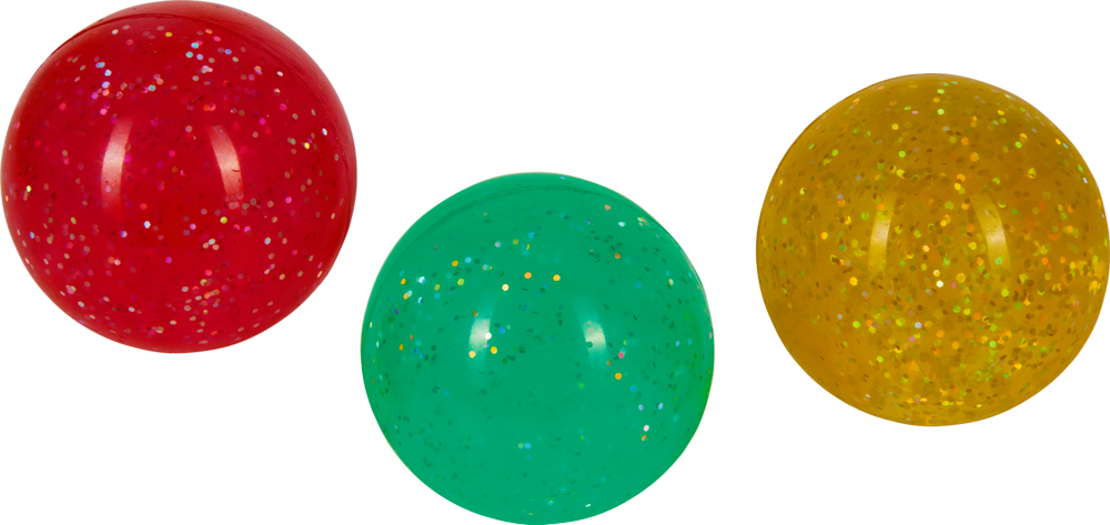 Glitzer-Flummi - Bunte Geschenke Drei glitzernde Flummis – rot, grün und gelb – liegen auf einem weißen Hintergrund.