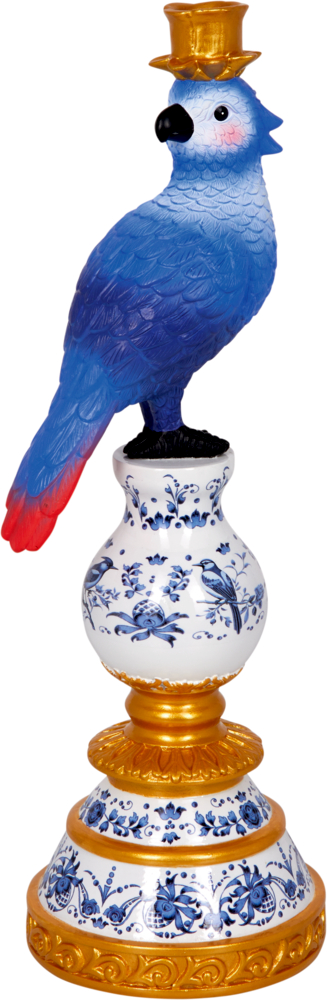Kerzenleuchter Royal Blue - B. Behr Blaue Papageienfigur mit goldenem Kerzenhalter, thront auf einem dekorativen Sockel mit Blumenmuster.