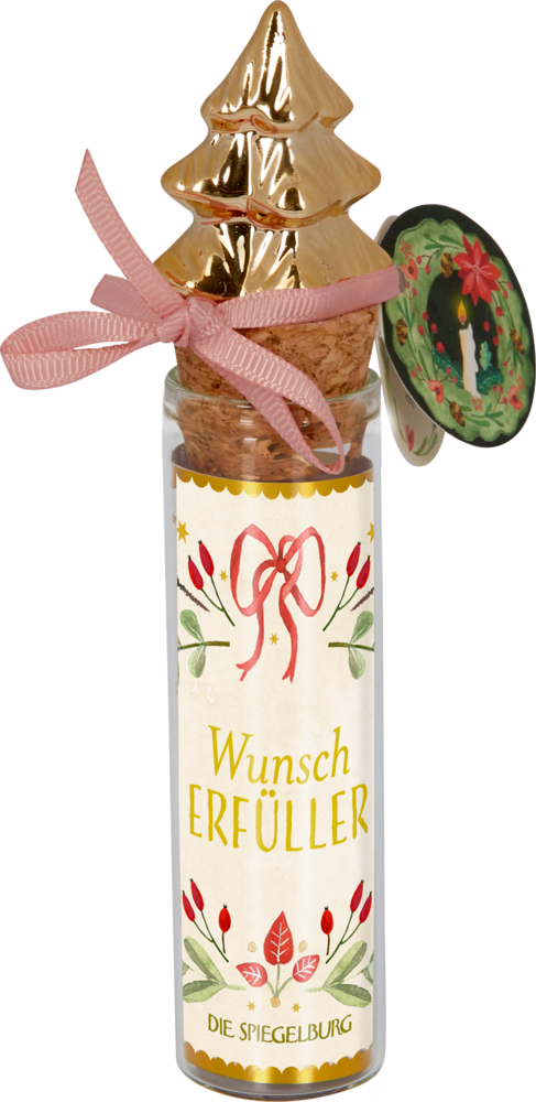 Glasfläschchen mit goldenem Baumstopfen, rosa Schleife, floralem Etikett mit der Aufschrift „Wunsch Erfüller“.
