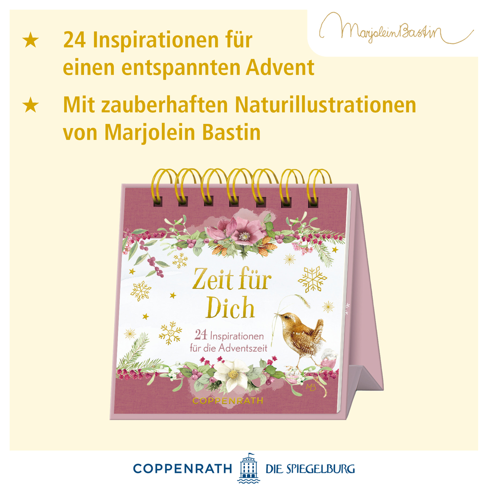 Tischaufsteller mit Spiralbindung, floraler Illustration, Vogelmotiv und Aufschrift „Zeit für Dich – 24 Inspirationen für die Adventszeit“.