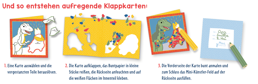 Bebilderte Schritt-für-Schritt-Anleitung für Kinder zum Basteln farbenfroher Dinosaurier-Karten.