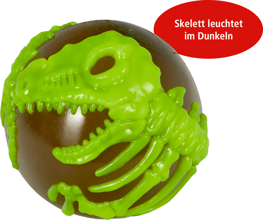 Brauner Ball mit grünem Dinosaurierskelett-Design und Aufschrift: „Skelett leuchtet im Dunkeln“.