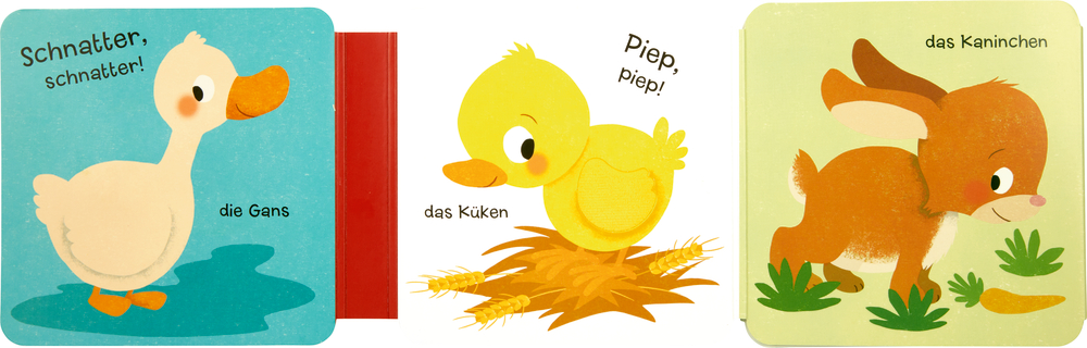 Illustrationen von Gänsen, Enten und Kaninchen mit ihren Bezeichnungen und Geräuschen.