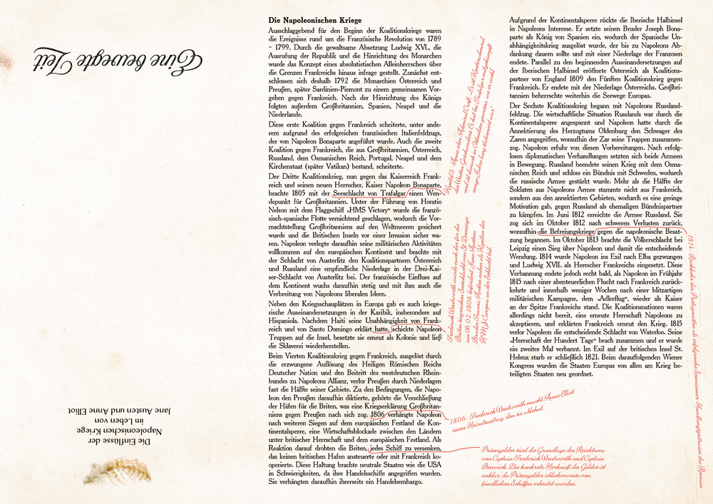 Beilage auf der eine alte deutsche Seite mit Text und Anmerkungen in rot abgebildet werden.