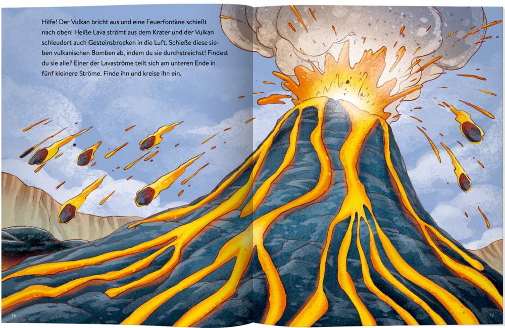 Ein ausbrechender Vulkan schleudert Lava, Rauch und glühende Gesteinsbrocken in die Luft.