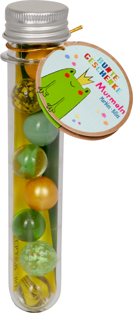 Murmeln Froschkönig - Bunte Geschenke Durchsichtige Röhre mit grünen und gelben Murmeln und einem Etikett mit einem Cartoon-Frosch.