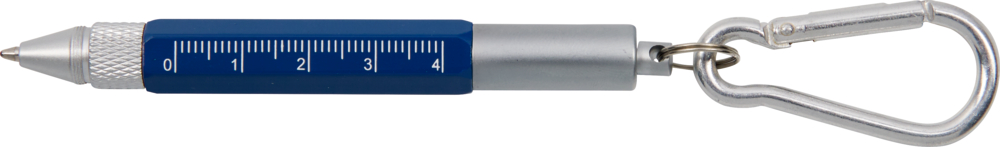 Blauer Stift mit Linealaufdruck an der Seite, befestigt an einem Metallschlüsselanhänger mit Karabinerhaken.