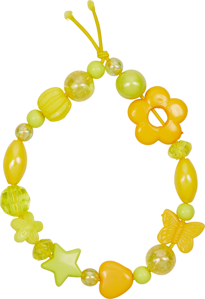 Gelb-grünes Perlenarmband mit Blumen-, Stern-, Herz- und Schmetterlingsperlen auf einer elastischen Kordel.