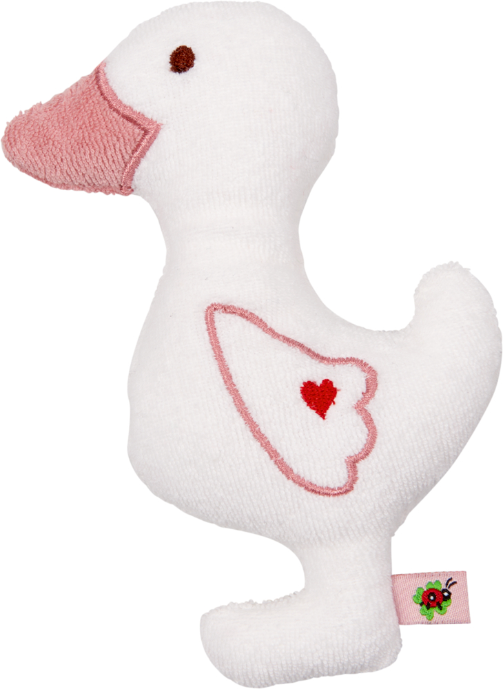 Weißes Plüsch-Entenspielzeug mit rosa Schnabel, gesticktem Flügel und einem kleinen Herzdetail.
