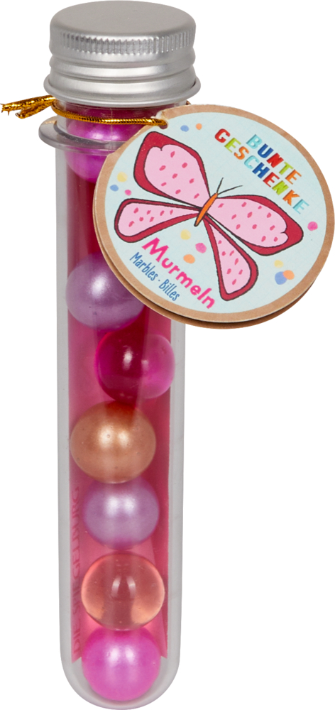Murmeln Schmetterling - Bunte Geschenke Durchsichtiges Reagenzglas mit verschiedenfarbigen Murmeln und einem Schmetterlingsanhänger am Deckel.