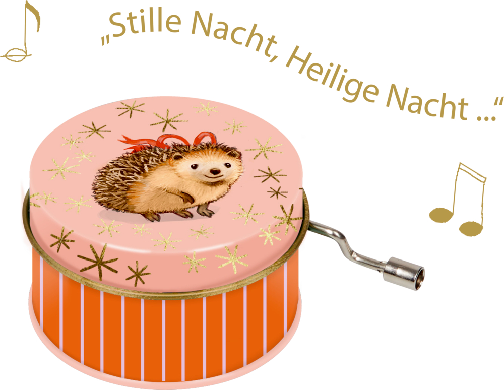 Rosa Spieluhr mit einem Igel, Musiknoten und dem Text „Stille Nacht, Heilige Nacht“ darüber.