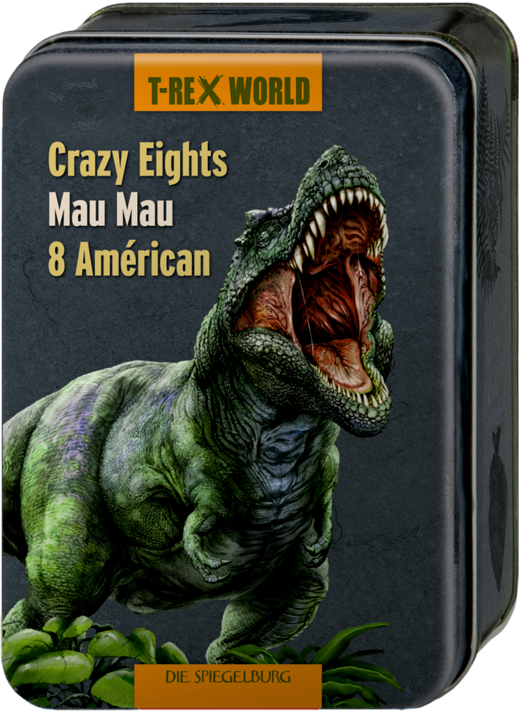 Rechteckige Blechdose mit einem brüllenden T. Rex und dem Text „Mau Mau“ auf dem Deckel.