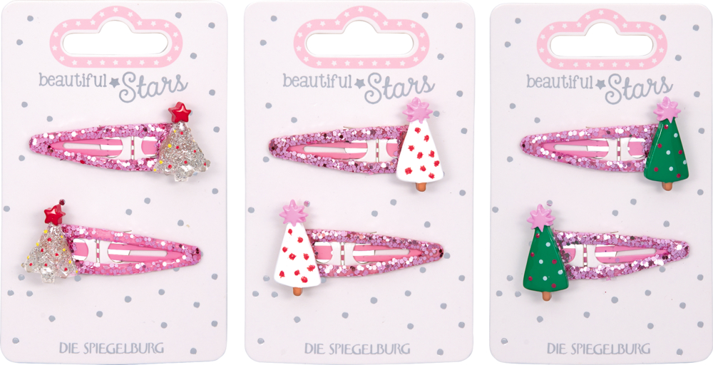 Drei Karten mit je zwei pink glitzernden Haarspangen, verziert mit kleinen Tannenbäumen in Silber, Weiß und Grün.