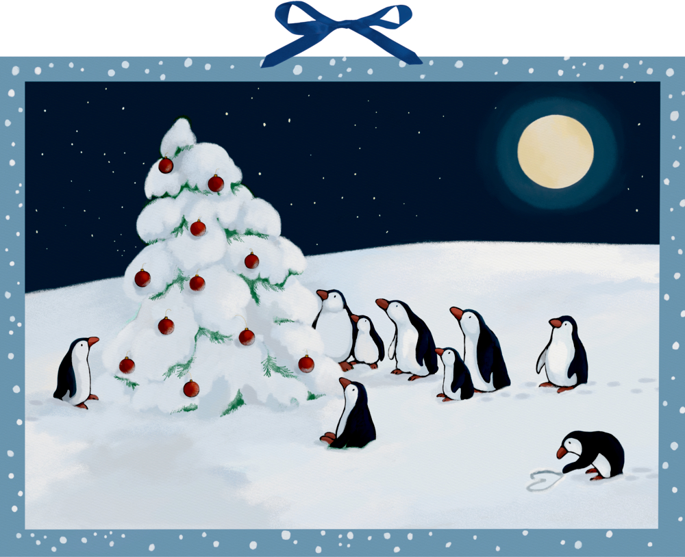 Pinguin-Weihnacht, Wand-Adventskalender Neun Pinguine versammeln sich im Winter um einen verschneiten, mit roten Kugeln geschmückten Tannenbaum im Mondlicht.
