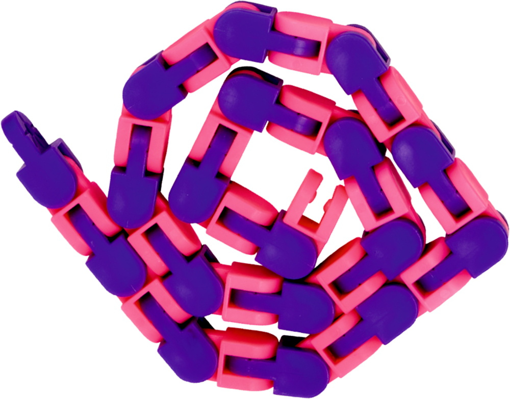 Zu einer Schlange gesteckte Plastikglieder in Pink und Rosa, spiralförmig gedreht.