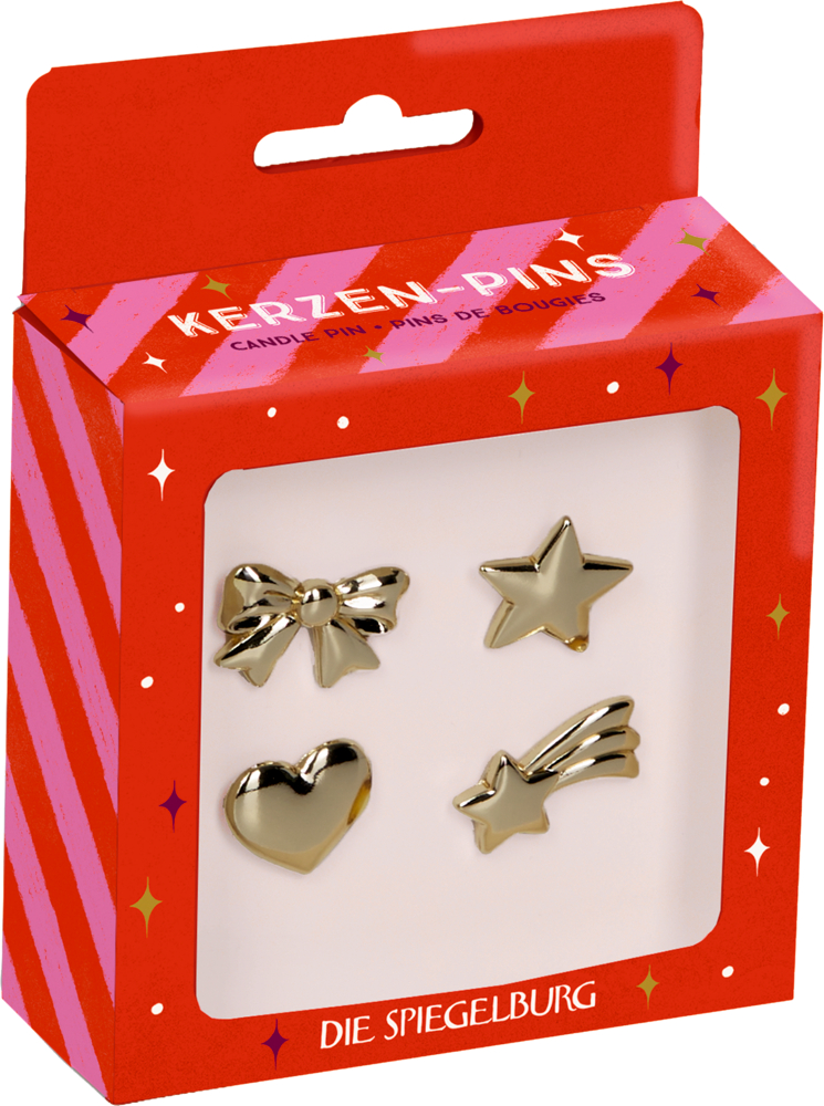 Vier goldfarbene Kerzen-Pins in Form von Schleife, Stern, Herz und Sternschnuppe in rot-pink gestreifter Verpackung.