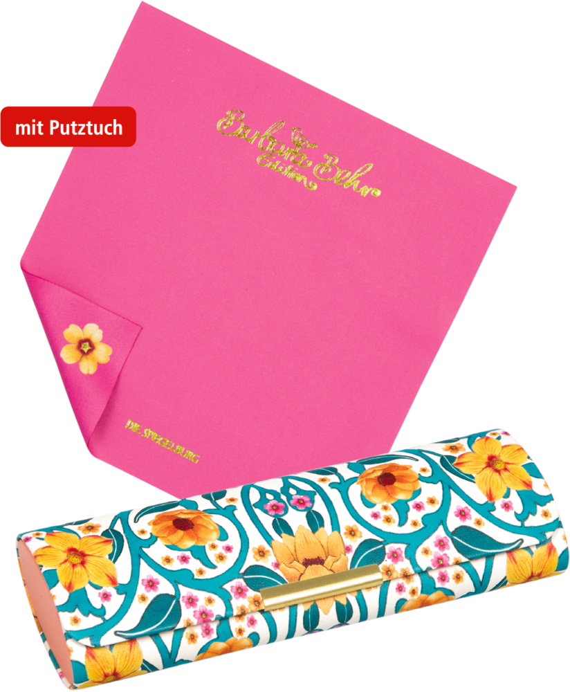 Bunt gemustertes Brillenetui mit pinkem Reinigungstuch mit goldener Schrift.