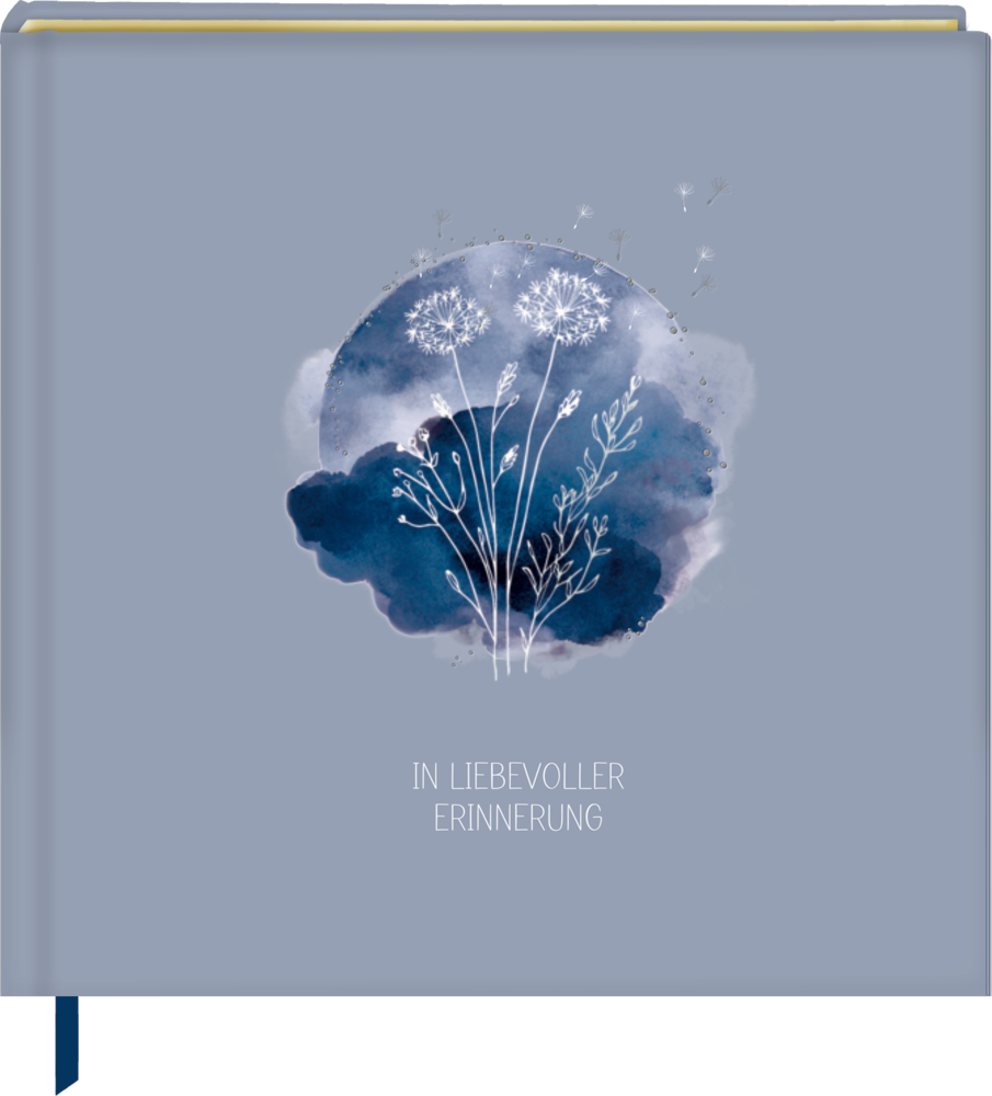 Blaues Buch mit Pusteblumen-Motiv und dem Text IN LIEBEVOLLER ERINNERUNG auf dem Cover.