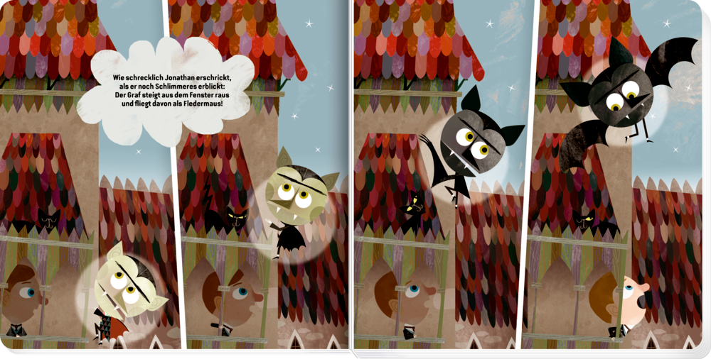 Ein Vampir verwndelt sih vor den augen eines Kindes in eine Fledermaus, auf einer Doppelseite eines Pappbilderbuchs mit Text.