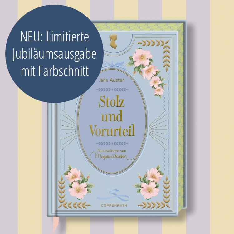 Hellblaues, schmuckreiches Buchcover auf rosa grün gestreiftem Untergrund mit Hinweis "limitierte Sonderausgabe"