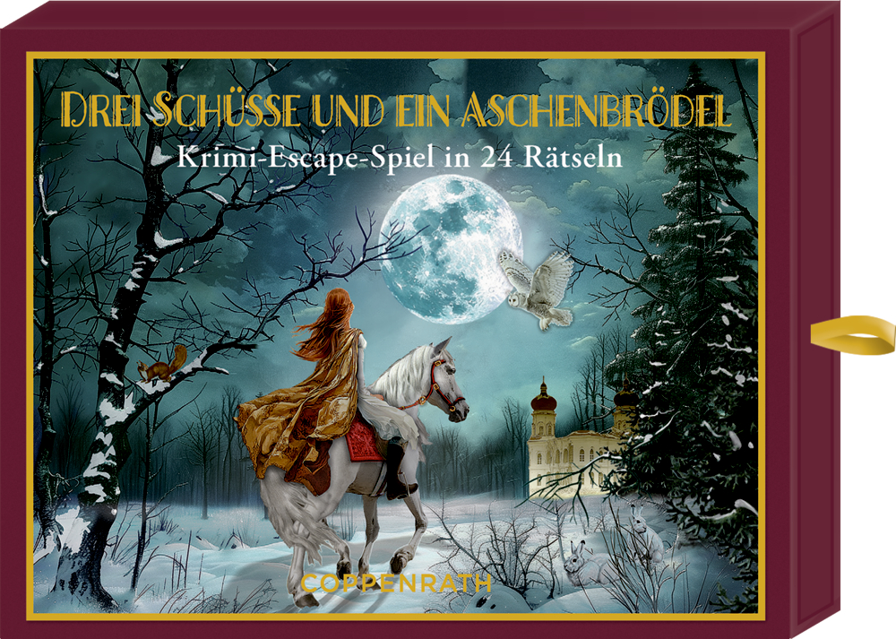 Dunkelrote Pappverpackung mit der Abbildung einer Frau auf einem Pferd bei Mond-Nacht, im Hintergrund ein Schloss.