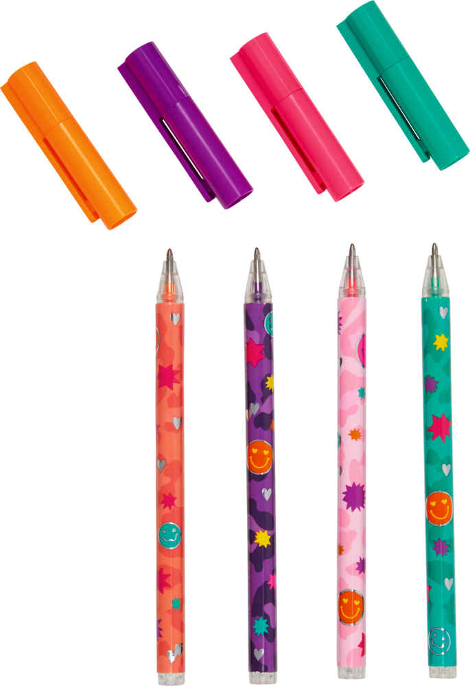 Vier farbenfrohe Stifte mit passenden Kappen, jeweils mit Sternen-, Herzen- und Smiley-Mustern verziert.