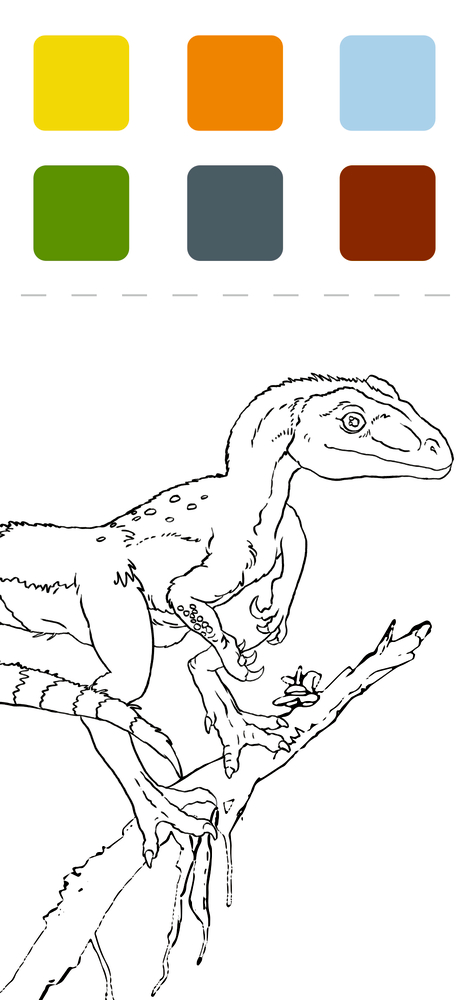 Farbpalette und Strichzeichnung eines Dinosauriers auf einem Ast.